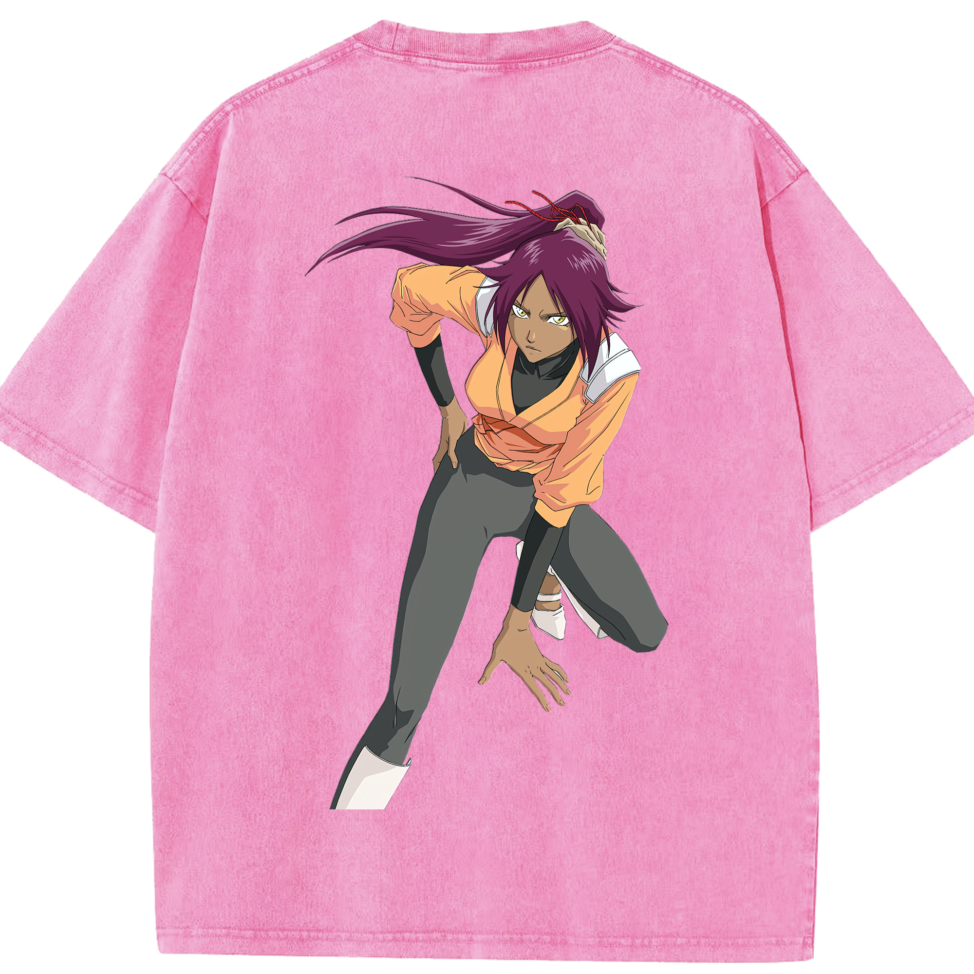 （画像用） ブリーチ 四楓院 夜一（しほういん よるいち） BLEACH Shihouin Yoruichi 綿100% ヴィンテージ風 半袖Tシャツ（背面プリント）